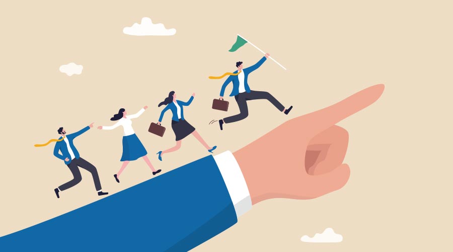 Leadership to lead team members, business direction to achieve goal or target, teamwork to success in work, businessman leader holding winner flag running lead business people on pointing finger