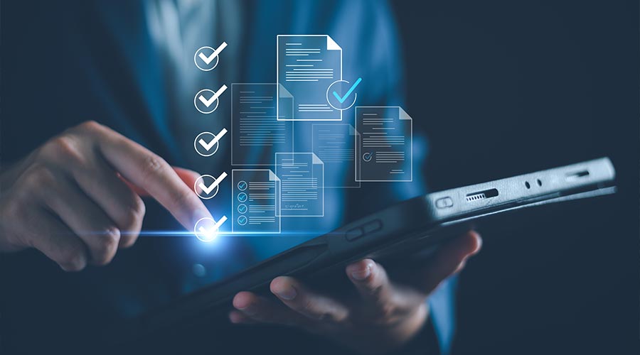 Checklist business performance monitoring concept, Business using tablet online survey filling out check digital form task, online survey question form, target marketing planning with quality control