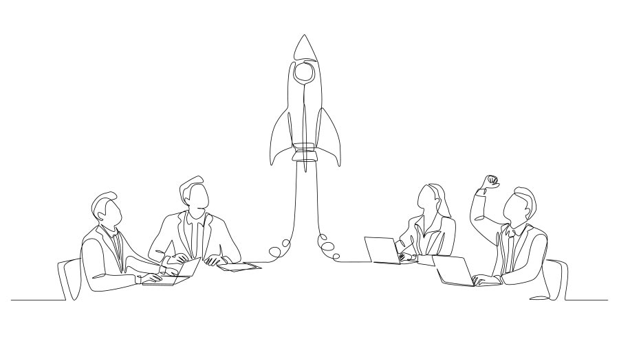 Continuous one line drawing of business people looking at rocket rising from table, business startup or team innovation concept, single line art.