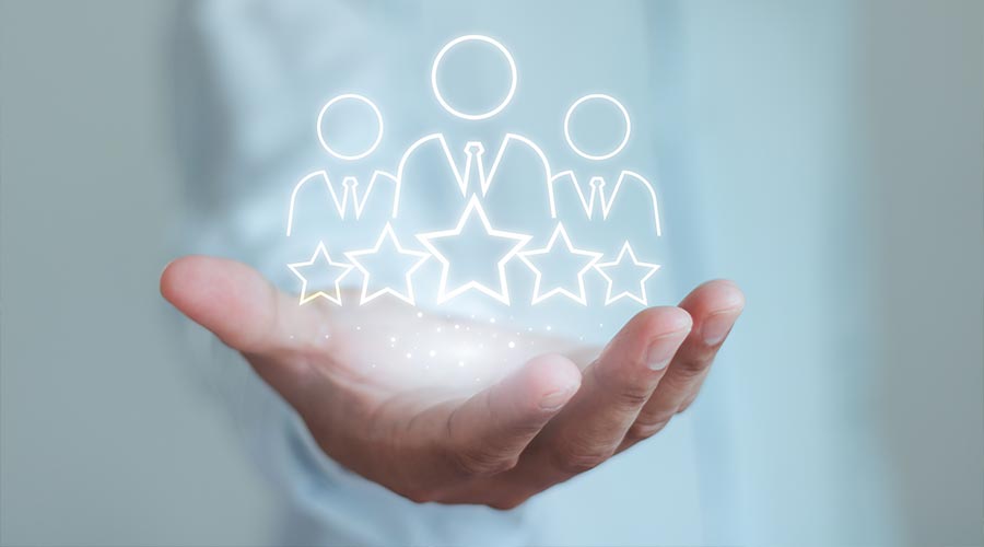 Businessman hand show business client retention icon, people membership group with 5 star. Customer experience concept, best excellent service rating for satisfaction. Customer Relationship Management