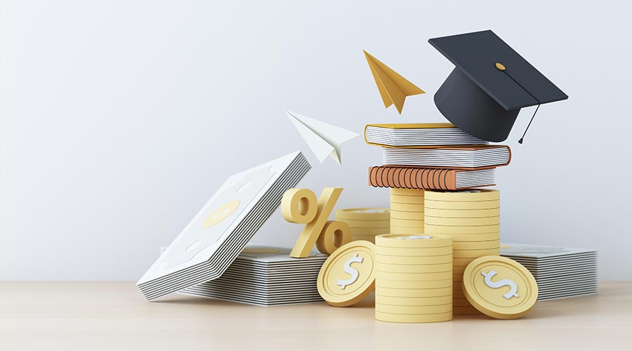 Graduation cost or expensive education or scholarship loan. money with stack of books and cap or hat, idea of tuition budget or college, university learning fee, profit or earnings.
