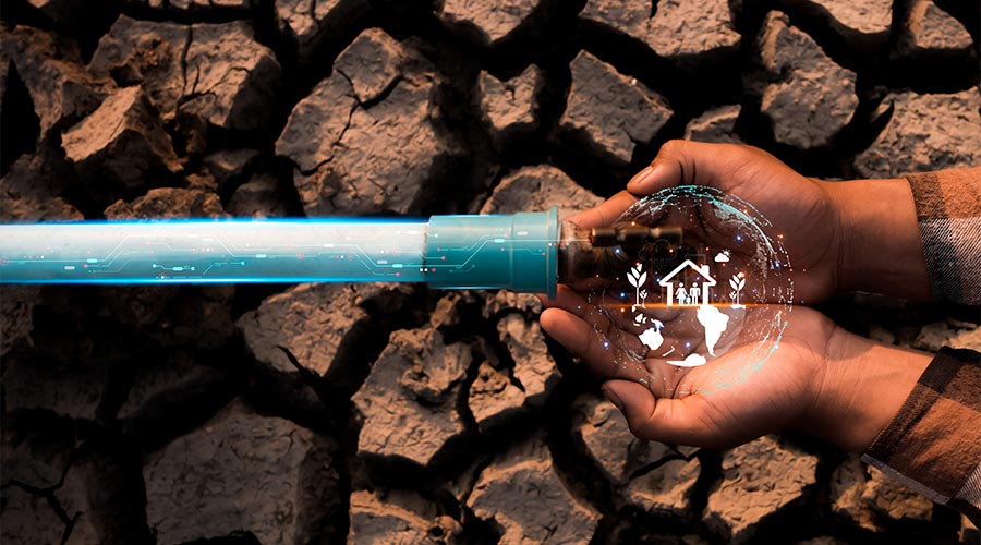 Water from tap with world and people icon protect environment from water crisis and impact of climate change, social responsibility and save water, drought disaster and water demand , ESG concept