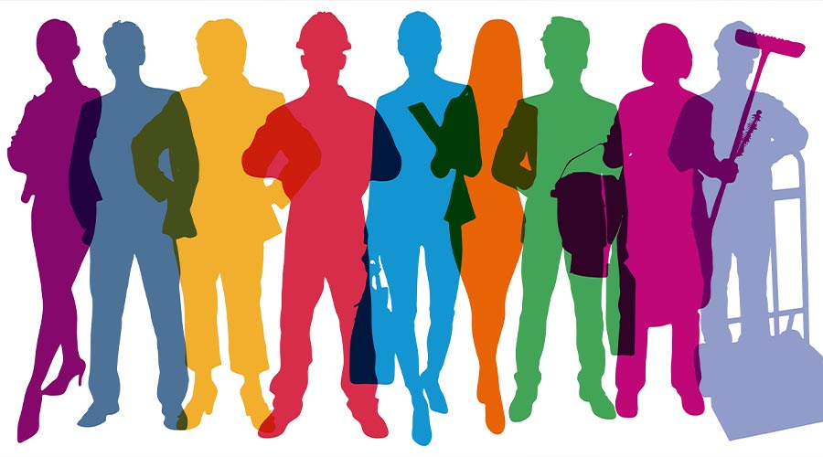 Silhouettes of people from different professions stand together as a labor market concept