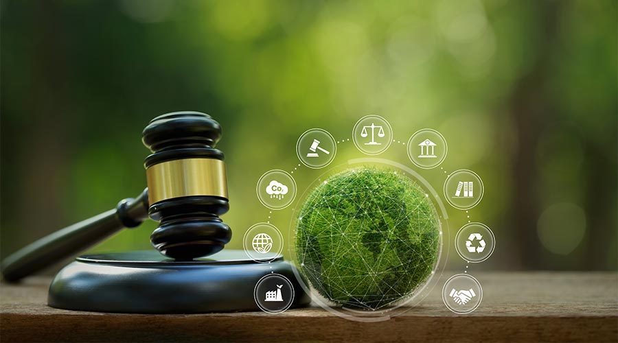 Environment Law.Carbon credit law. gavel and Green globe with Environment icons on a green background. environmental protection and eco-friendly legislation law. sustainable environmental conservation