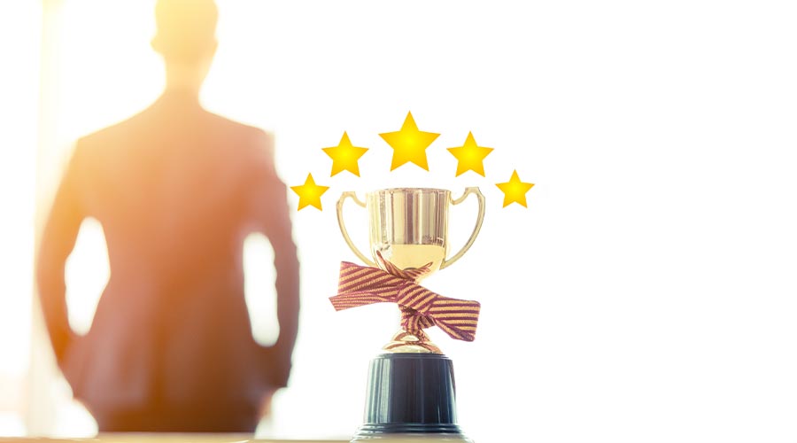 Business man Success and trophy.five stars, reward, Winner ceo vision, Recognition employee review. Winner award First place competition stars. Success reward. Business Success reviews from customer