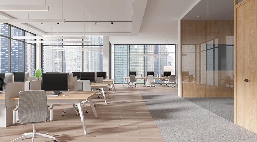 Modern open-plan office space with wood and glass elements, bright lighting, cityscape background, concept of contemporary workspace. 3D Rendering