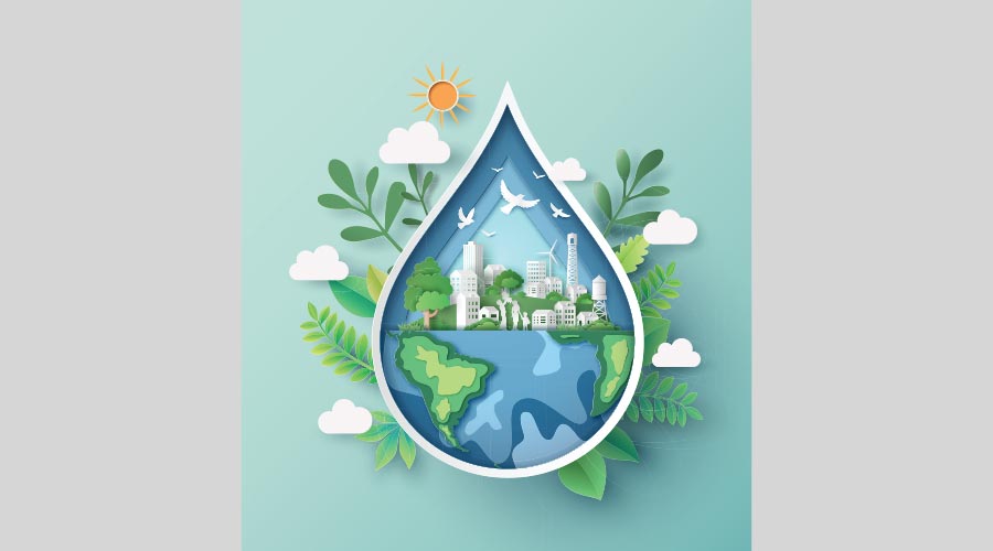 Paper cut design of water drop containing a globe and eco-city to promote sustainability and clean water efforts.