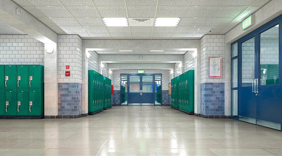 School corridor with exit door. 3d illustration
