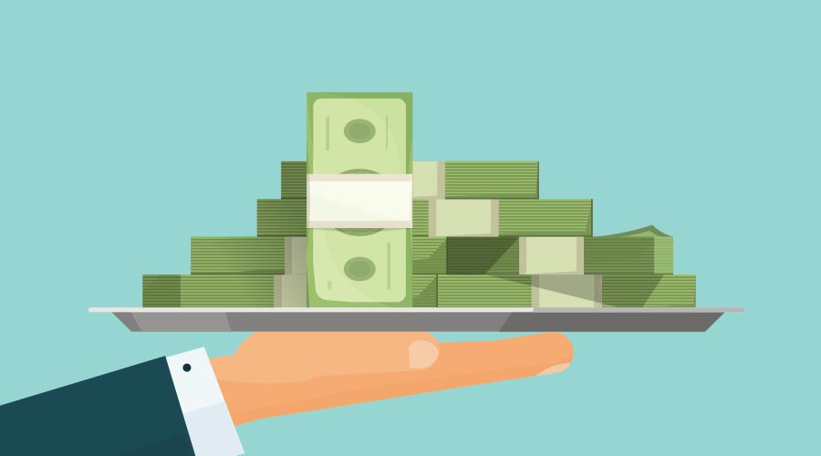 Business man hand holding tray with big pile of money vector symbol illustration, bank loan cash giving, credit packet, hypothec, mortgage, salary payment, modern design isolated, flat style emblem