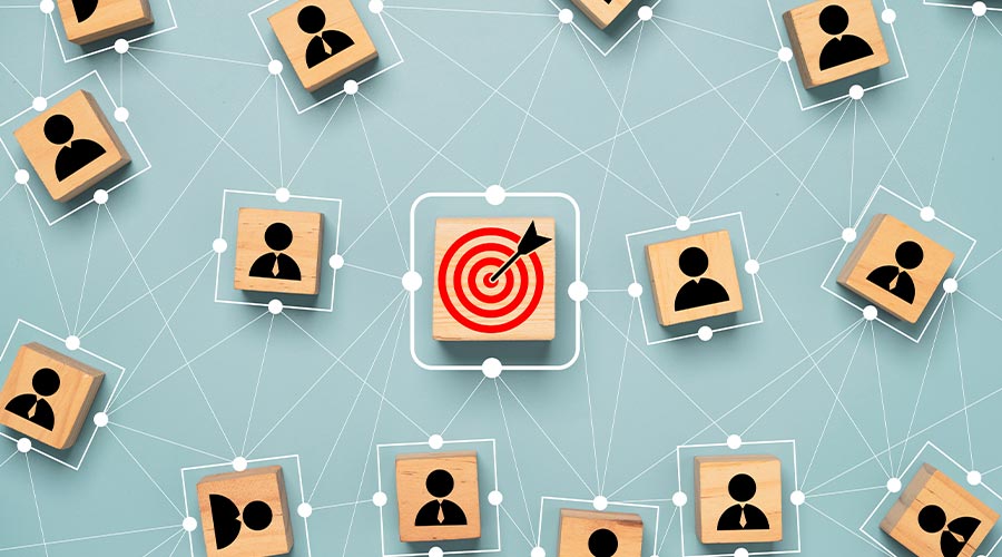 Red dartboard and black arrow connection linkage with human icon for customer focus target group and customer relation management concept