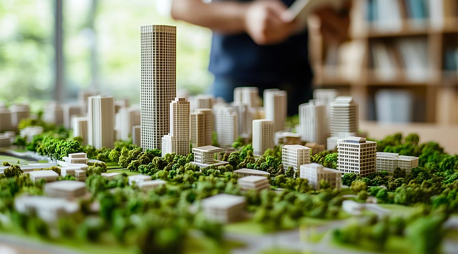 Architectural model of a modern city with high-rise buildings
