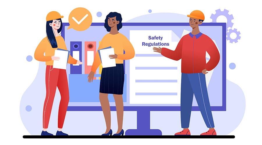 Occupational safety and health. Administration checks people for safety precautions. Man conducts briefing for employee. OSHA concept. Cartoon flat vector illustration isolated on white background