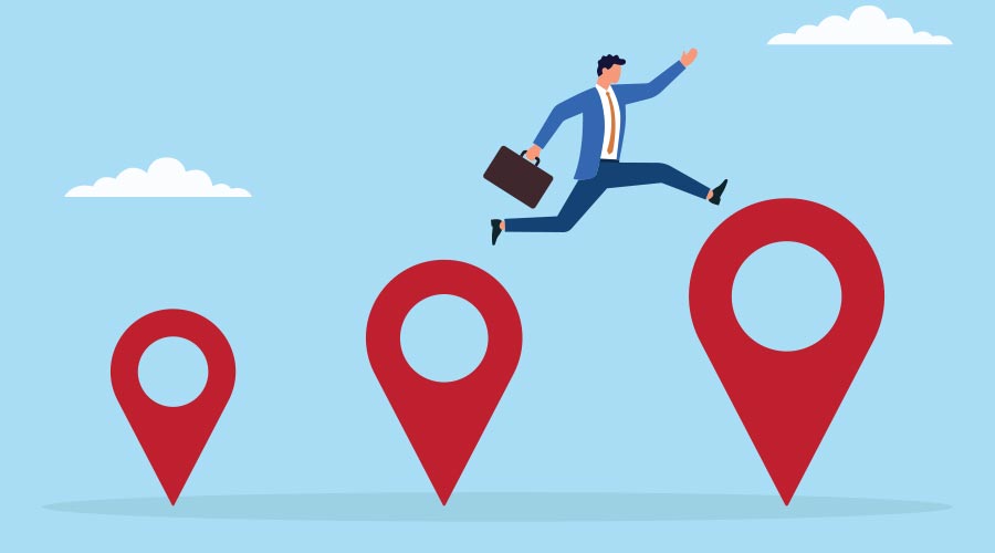 Vector illustration of a businessman leaping from a small location icon to a large one, symbolizing business expansion, growth, or progress from a local to a broader market presence 