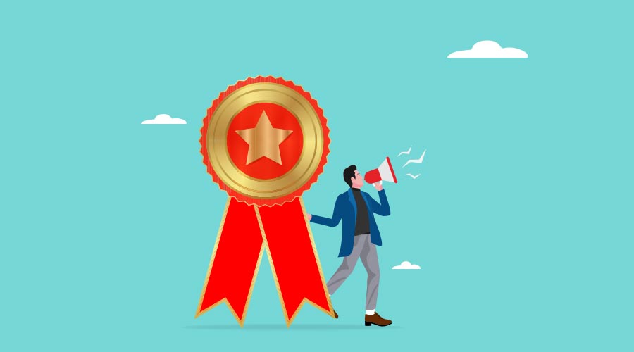 Employee of the month award winner announcement, reward or recognition for good performance, high performance champion on office, businessman announces Employee of the month winner with megaphone