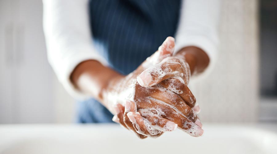 Hands, cleaning and soap with hygiene in bathroom, safety from bacteria and germs, disinfection and skincare. Health, wellness and person at home, sanitizer foam to clean and healthy with handwashing