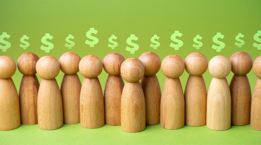 Crowd of people and dollar money signs above. Buyers with money. Human resources and the cost of hiring them. Recruitment agencies. Crowdfunding and fundraising