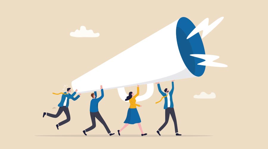 Marketing communication, announce promotion or communicate with employees, community or organization speech, loud voice or announcement concept, business people PR public relation shout on megaphone