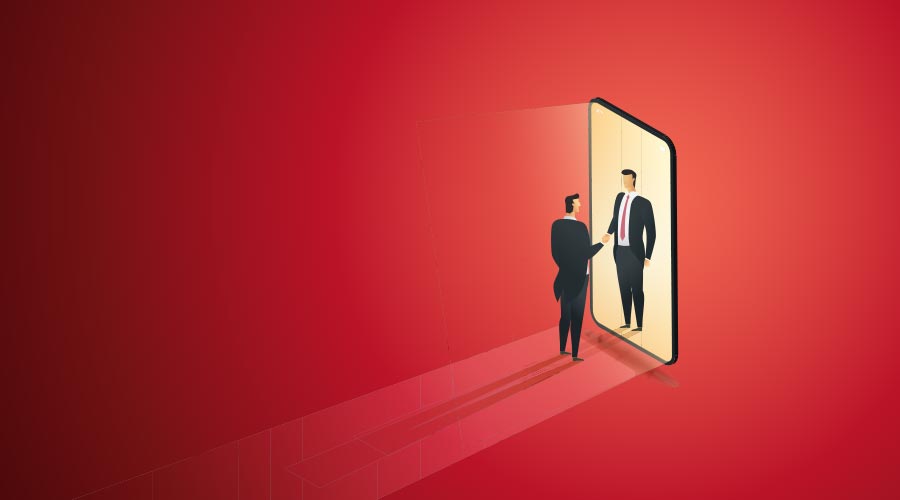Two businessmen shaking hands through a smartphone screen Making business deals through online channels. isometric vector illustration
