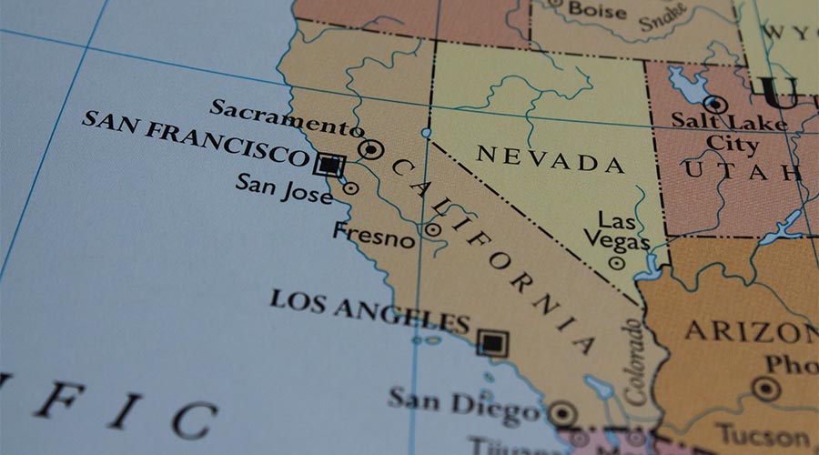 Close up of the USA on a map with California in sharp focus. California on the map of USA