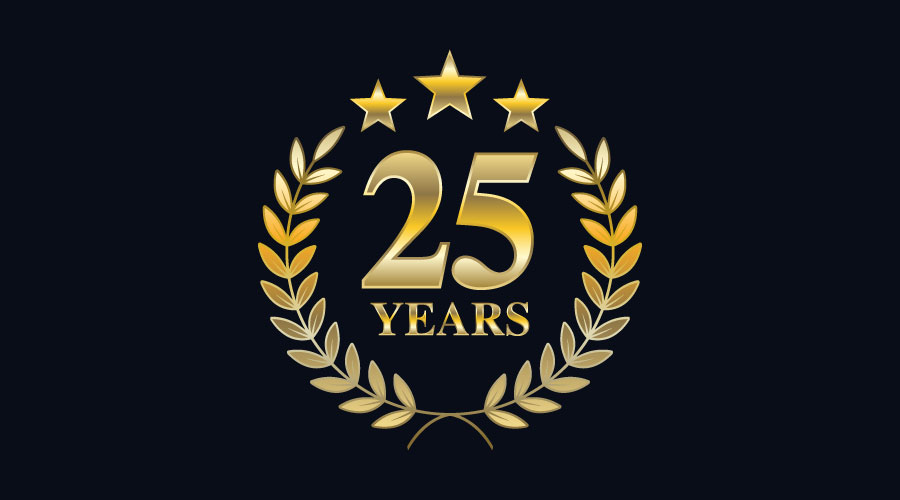 3D Elegant Gold Emblem for 25 Years Anniversary with Stars and Laurel Wreath. Vector.