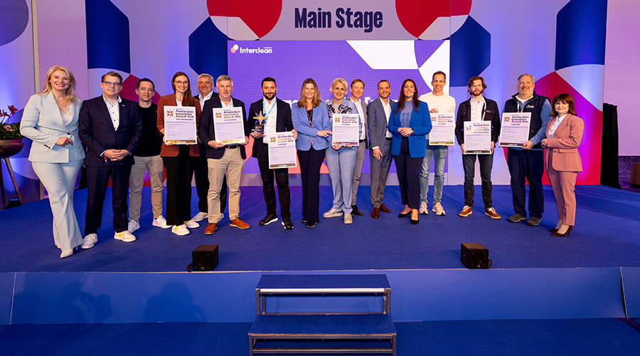 Interclean Amsterdam 2026 Innovation Award Winners standing on main stage, award winners recognized on stage holding awards