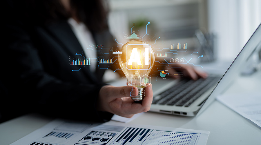 Artificial Intelligence (AI) for business data analysis and analytics. A concept of using AI for data visualization, reporting, and insights. Motif