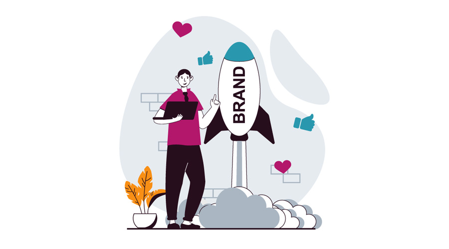 Branding team concept with people scene in flat design for web. Man working with promotion new company and launching startup project. Vector illustration for social media banner, marketing material.