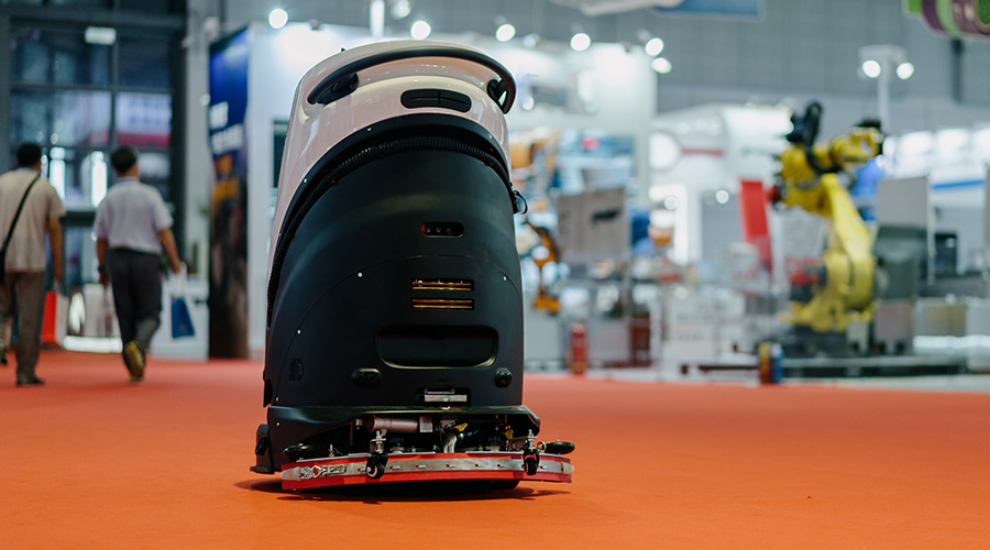 cleaning floor with machine in airport
