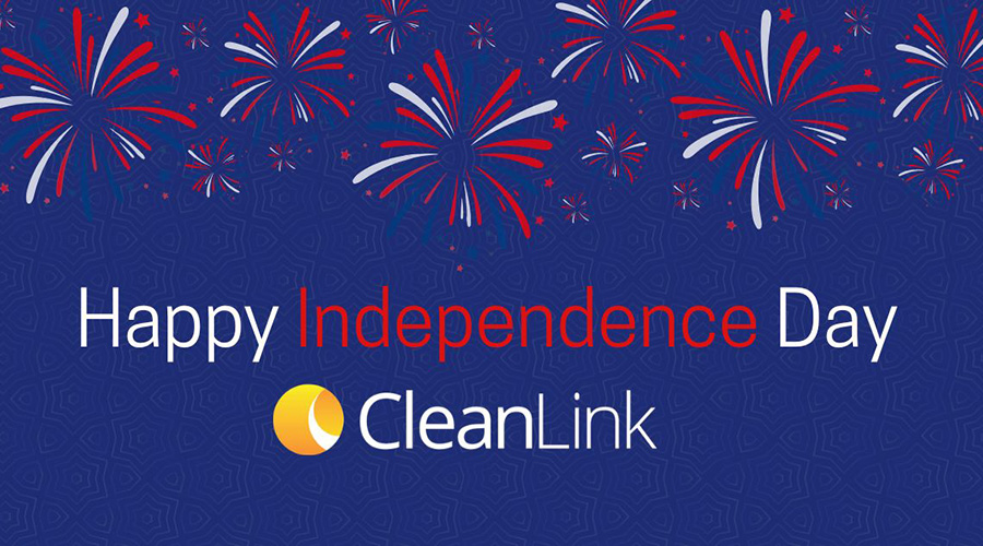 Blue backdrop with red, white, and blue fireworks with the text reading "Happy Independence Day" and CleanLink logo