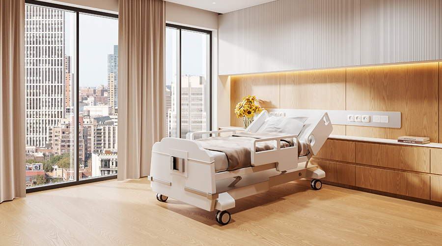 Bright hospital room featuring a modern medical bed, wooden panels, large windows with cityscape view, beige curtains, and fresh flowers. Concept of healthcare. 3D Rendering.