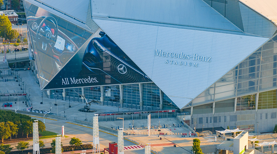 Atlanta, GA, USA - September 9, 2023: Aerial photo Mercedes Benz Stadium Downtown Atlanta Georgia United States