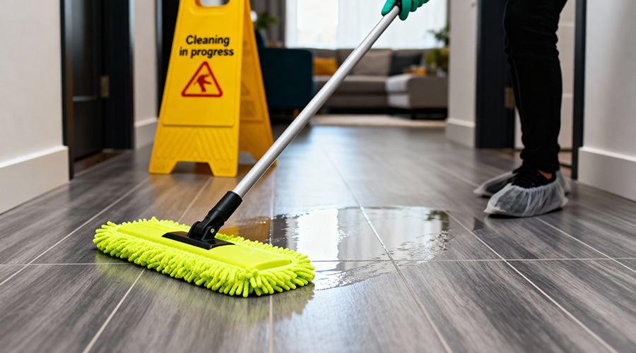 A yellow caution sign warns of wet floors as a person mops a hallway, promoting safety and cleanliness