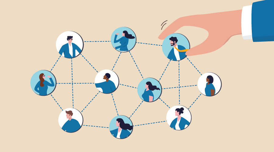 Employee or staff management, HR human resource, company people management, work connection, community or teamwork, recruitment concept, businessman HR put people on team or group connecting line.