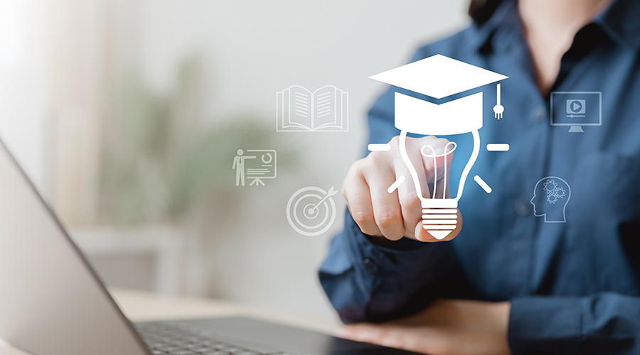 webinar, slide, deck, presentation, training, online, content, education, session, Person interacting with virtual education icons such as graduation cap, book, and light bulb.