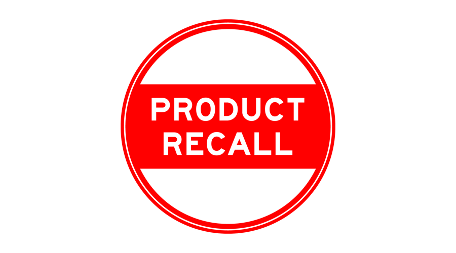 Red color round seal sticker in word product recall on white background