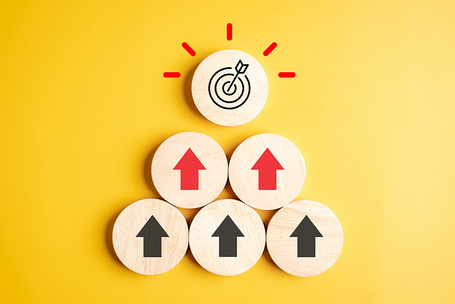 Business growth and success concept featuring upward arrows leading to a target icon. Symbolizing strategic planning, goal achievement, performance improvement, leadership and sustainable growth.