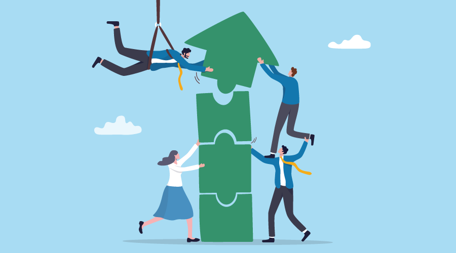 Teamwork strategy, company or organization to achieve success or business growth, work together or cooperation, support or help to finish work, business colleagues help connect growth arrow jigsaw.